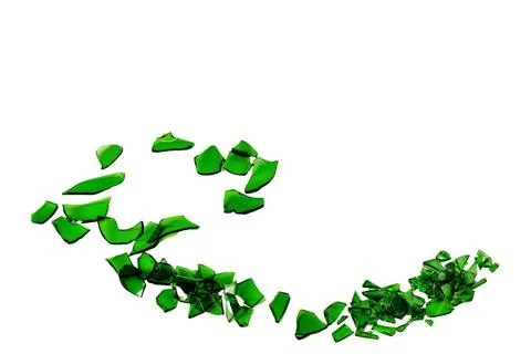 Sharp and jagged pieces of broken green glass cut out on a white background.. Stock Photos