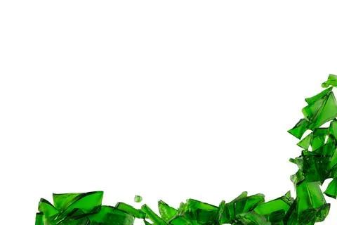 Sharp and jagged pieces of broken green glass cut out on a white background.. Stock Photos
