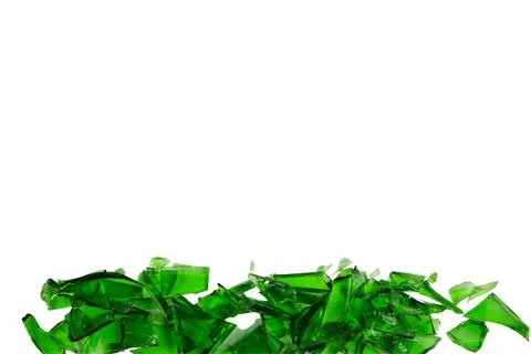 Sharp and jagged pieces of broken green glass cut out on a white background.. Stock Photos