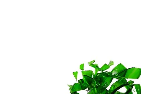 Sharp and jagged pieces of broken green glass cut out on a white background.. Stock Photos