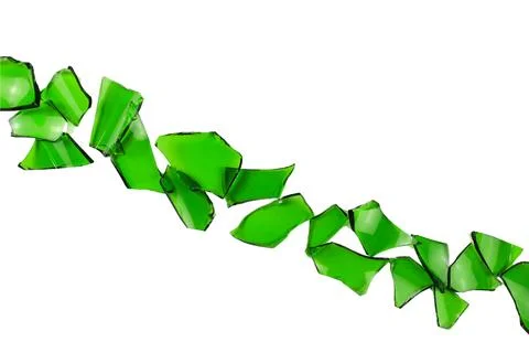 Sharp and jagged pieces of broken green glass cut out on a white background.. Stock Photos