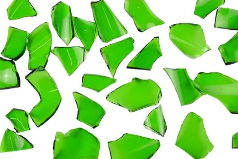 Sharp and jagged pieces of broken green glass cut out on a white background.. Stock Photos