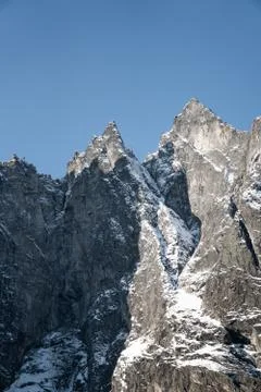 Sharp and vertical mountain with snow Stock Photos