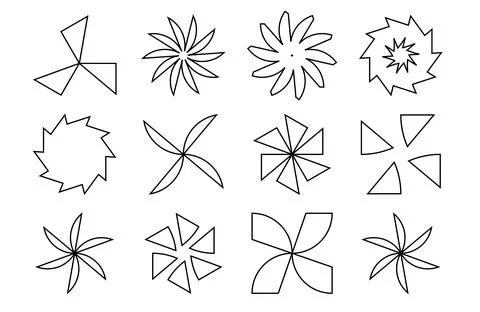 Sharp angular outline shapes, geometric star burst icons, minimalist rotati.. Ilustración de archivo