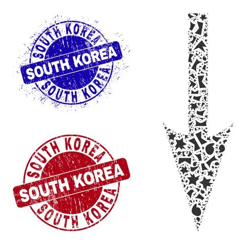 Sharp Arrow Down Mosaic of Shards with South Korea Distress Seal Stamps Stock Illustration