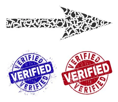 Sharp Arrow Right Mosaic of Fragments with Verified Textured Seals Illustrazione stock