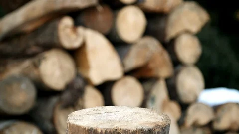 A sharp ax stabs into the wood Stock Footage 123522377