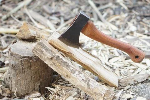 Sharp axe embedded in split firewood on tree stump with wood chips scattered aro Stock Photos