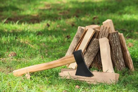Sharp axe with logs in forest Stock Photos