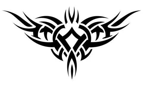 A sharp black and white symmetric tribal vector design with sharp wings and c Stock Illustration