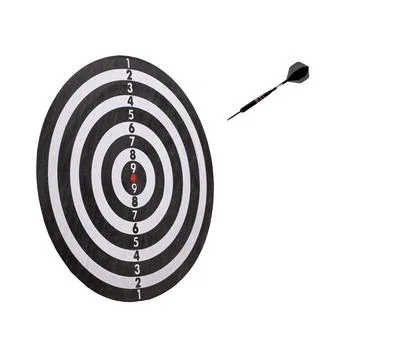A sharp black dart is cutting through the air and will hit the target. Foto stock