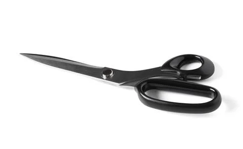 Sharp black handled scissors with stainless steel blades for cutting fabric o Stock Photos