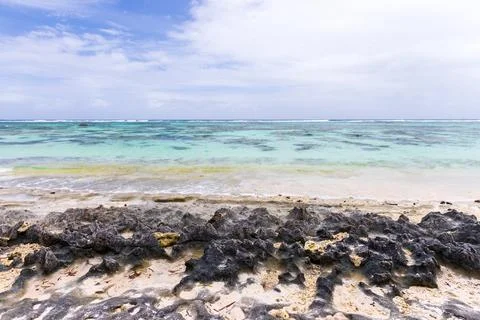 Sharp black rocks at the coast of La Digue island, Anse Union beach Stock Photos