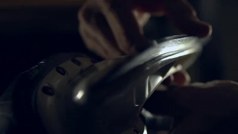 The sharp blade of hockey skates. Checking sharpening. Stock Footage 72690613