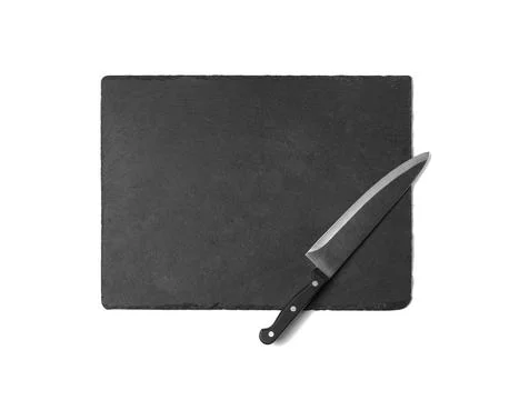 Sharp chef's knife with slate plate isolated on white, top view Stock Photos