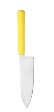 Sharp chef's knife with yellow handle on white background Stock Photos