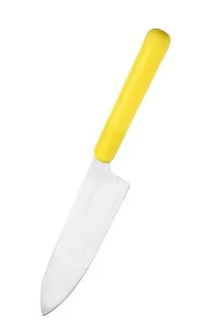 Sharp chef's knife with yellow handle on white background 写真素材