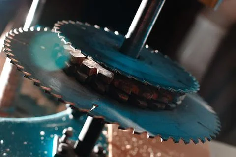 Sharp circular saw blades close up. Dangerous machine in the carpentry shop. Stock Photos