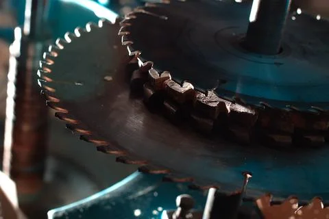 Sharp circular saw blades close up. Dangerous machine to cut up from horror Stock Photos