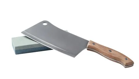 Sharp cleaver knife and grindstone isolated on white Stock Photos