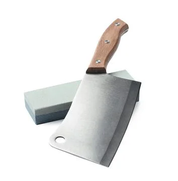 Sharp cleaver knife and grindstone isolated on white 写真素材