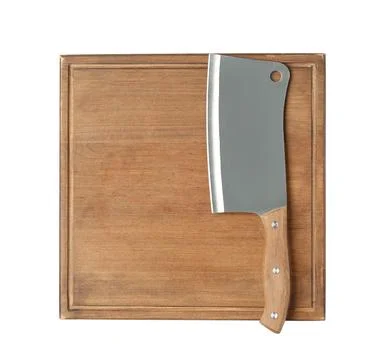 Sharp cleaver knife with wooden board isolated on white, top view Stock Photos