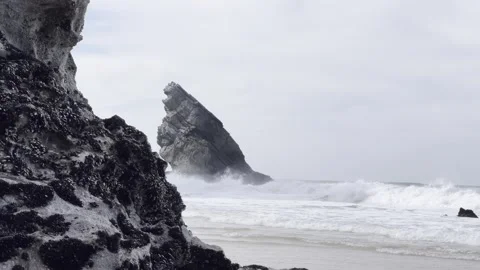 Sharp Cliff and Powerful Ocean Waves Stock Footage 314946213