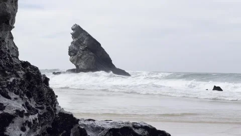 Sharp Cliff and Powerful Ocean Waves Stock Footage 314946291