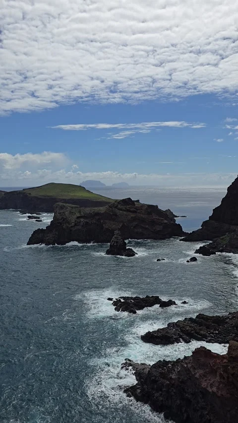 Sharp cliffs of Ponta de São Lourenço descend into the Atlantic Stock Footage 310025553