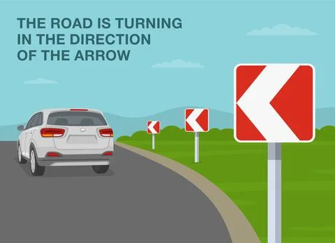 Sharp curve or turn sign. Back view of a white suv car on the road. Stock Illustration