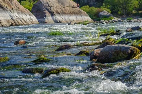 The sharp decline in the water level in the river due to the heat and activit Stock Photos