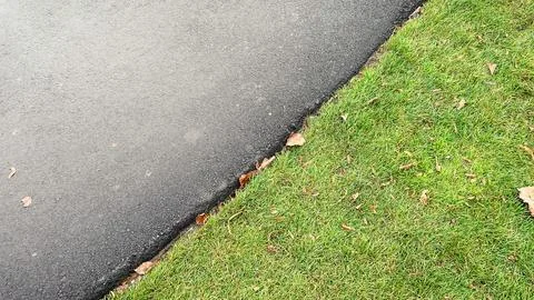 Sharp dividing line between lush green lawn and smooth grey asphalt road su.. Stock Photos