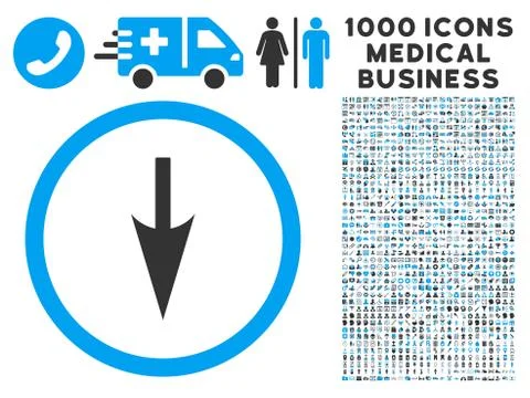 Sharp Down Arrow Icon with 1000 Medical Business Symbols Stock Illustration