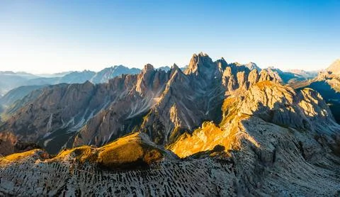 Sharp edges of mountains Tre Cime di Lavaredo at sunrise Stock Photos