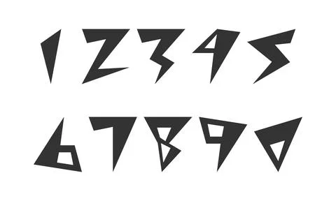 Sharp, geometric numbers set from 1 to 0 with an edgy, lightningbolt style. P Stock Illustration