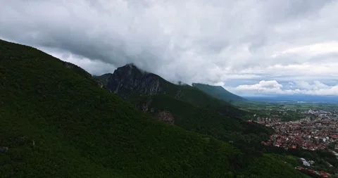 Sharp High Mountain Range Overlooking Small Rural Village Majestic Rural Stock Footage 300442467