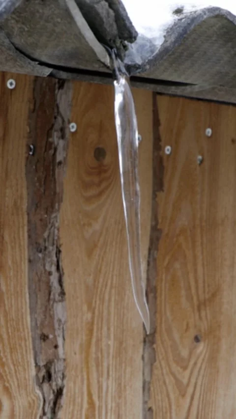 Sharp icicles hanging from a snow-covered corrugated roof. 2k vertical video. Stock Footage 325883638