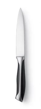 Sharp kitchen knife with black handle on white background Foto stock