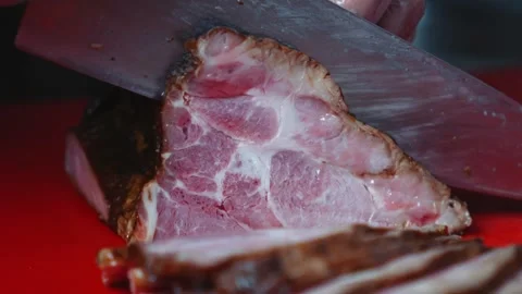 Sharp Knife Cutting Through Meat Texture Close View Stock Footage 339772249