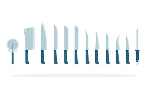 Sharp knives and other kitchen items in a row vector flat material design Stock Illustration