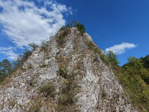 Sharp limestone rock formation in Transylvania mountain forest Foto stock