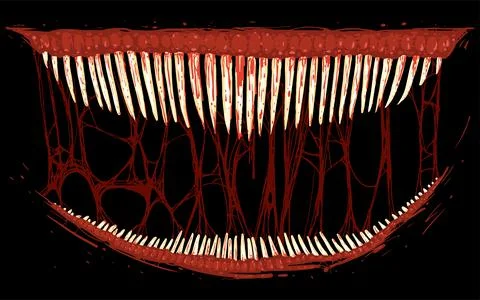 Sharp long teeth with bloody smudges and jets on a black background. Stock Illustration