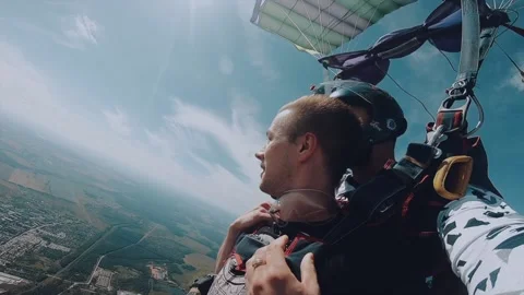 A sharp maneuver in the flight of a parachutist with an instructor. Stock Footage 168261690