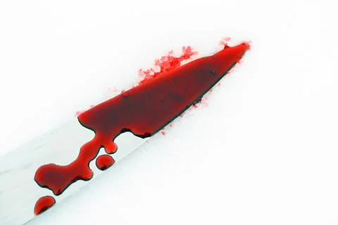 Sharp metal kitchen knife edge used as a violent murder weapon with blood dro Stock Photos