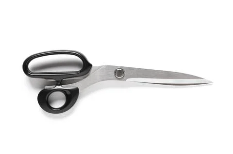 Sharp metal scissors with black plastic handles cutting tool for crafts sewin Stock Photos
