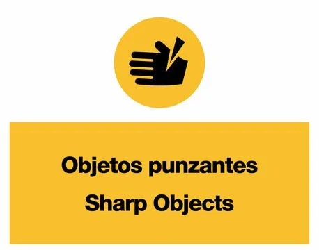 Sharp Objects Construction Yellow Warning Signage Set in English and Spanish Stock Illustration