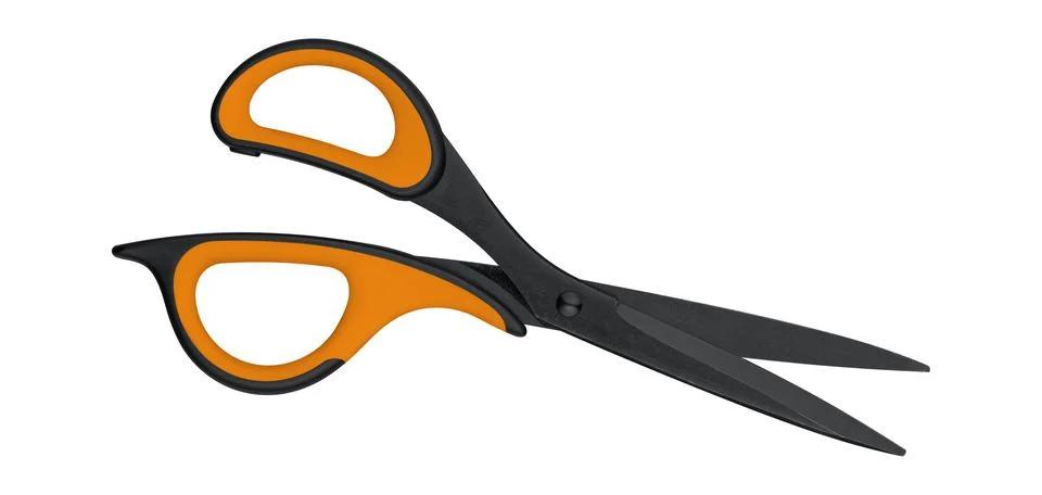 Sharp open Orange utility scissors for price discount and budget cutting co.. Stock Photos