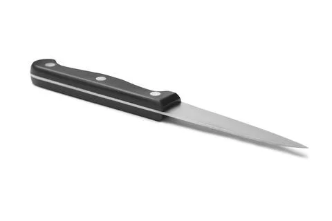 Sharp paring knife with black handle isolated on white Stock Photos
