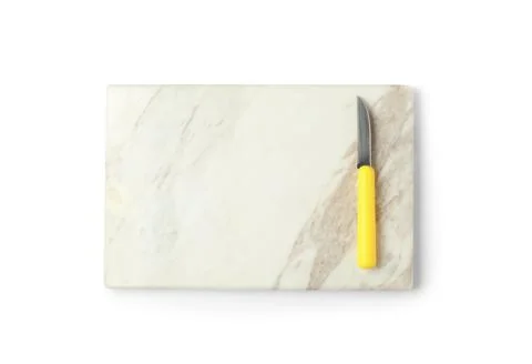 Sharp paring knife with marble board isolated on white, top view Stock Photos