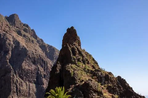 Sharp pinnacle in centre of remote tourist village Masca in the Teno mounta.. Stock Photos